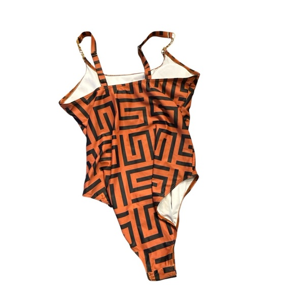 Orange and Black Geometric One-Piece Swimsuit - Picture 5 of 5